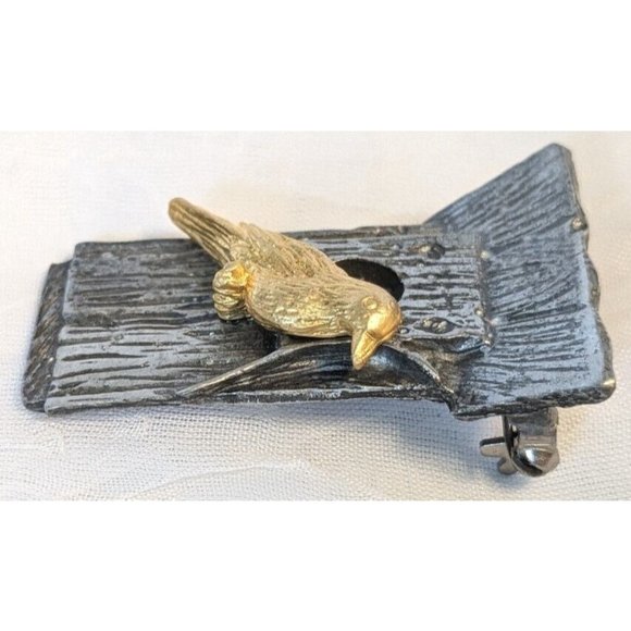 M. Bastin Birdhouse Signed Brooch Pinback Pewter Vtg 1999 Gold Tone Lapel Nature - Picture 7 of 12